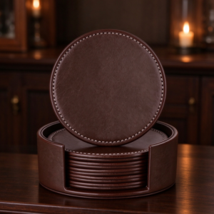 Brown Leather Round Coaster Set
