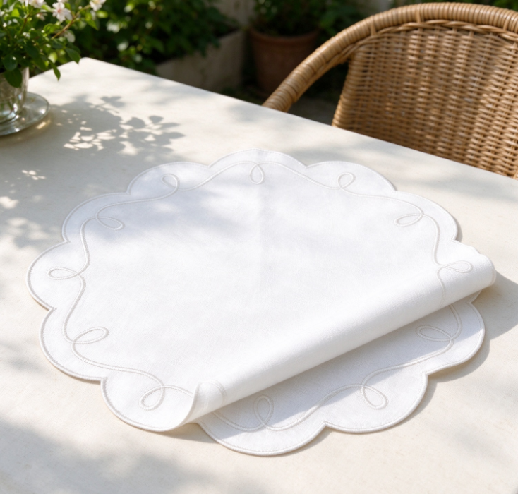 White Petal-Shaped Cotton-Linen Placemat | Delicate Curved Embroidery | Soft Textile - Image 2