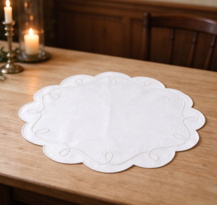White Petal-Shaped Cotton-Linen Placemat | Delicate Curved Embroidery | Soft Textile