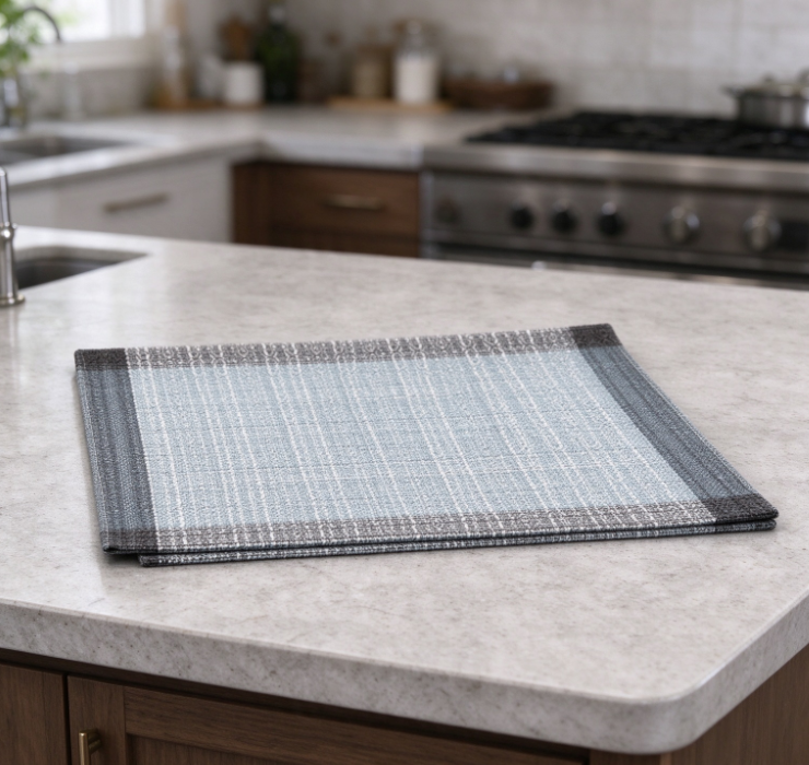 Blue-Grey Plaid-Bordered Cotton-Linen Placemat | Minimalist Texture | Wear-Resistant & Heat-Insulating - Image 2