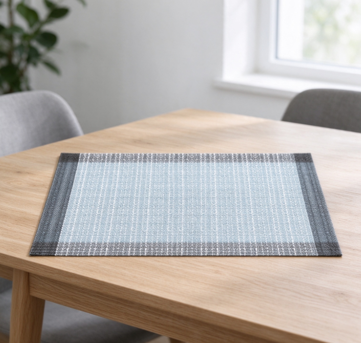 Blue-Grey Plaid-Bordered Cotton-Linen Placemat | Minimalist Texture | Wear-Resistant & Heat-Insulating