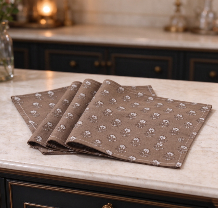 Brown Small-Floral Cotton-Linen Placemat | Dining Table Decor - Image 2