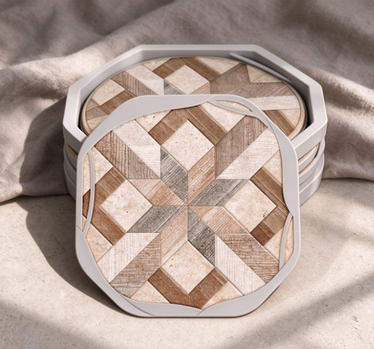 Octagonal Faux-Wood Pattern Coaster Set with Silicone Edging - Image 2