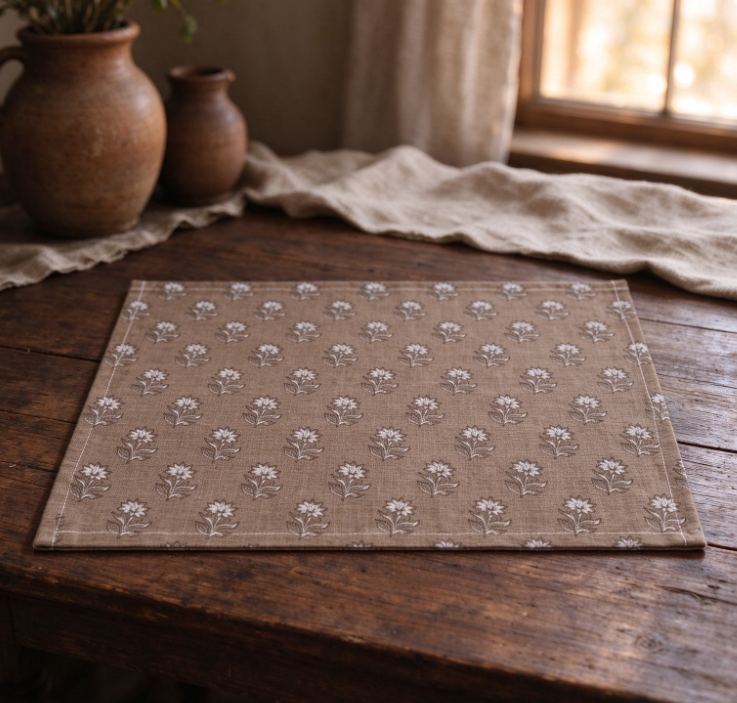 Brown Small-Floral Cotton-Linen Placemat | Dining Table Decor