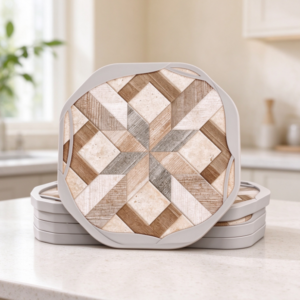 Octagonal Faux-Wood Pattern Coaster Set with Silicone Edging