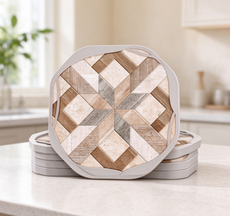 Octagonal Faux-Wood Pattern Coaster Set with Silicone Edging