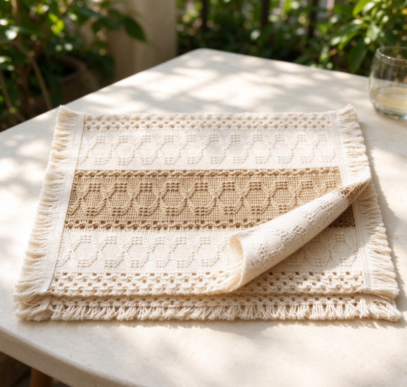 Off-White and Brown Woven Placemat with Tassels | Openwork Pattern | Table Placemat for Home Use - Image 2