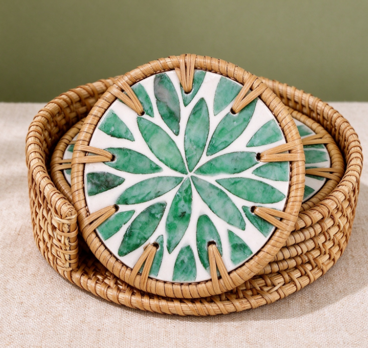 Ceramic Coaster Set with Floral/Leaf Prints and Rattan Trim (Includes Rattan Storage Basket) - Image 2
