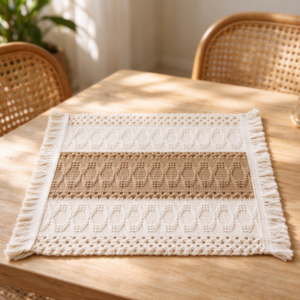 Off-White and Brown Woven Placemat with Tassels | Openwork Pattern | Table Placemat for Home Use