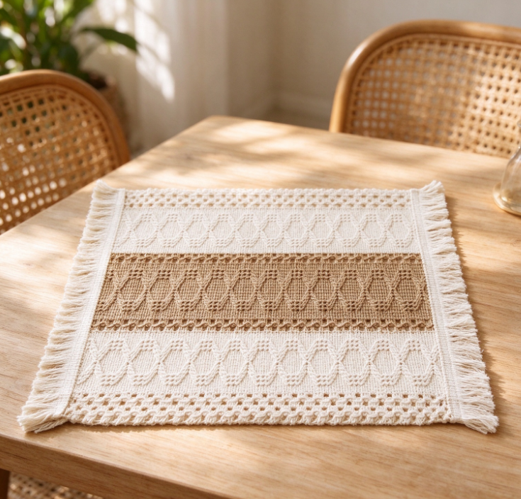 Off-White and Brown Woven Placemat with Tassels | Openwork Pattern | Table Placemat for Home Use