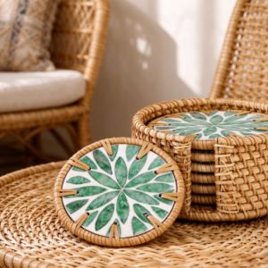 Ceramic Coaster Set with Floral/Leaf Prints and Rattan Trim (Includes Rattan Storage Basket)