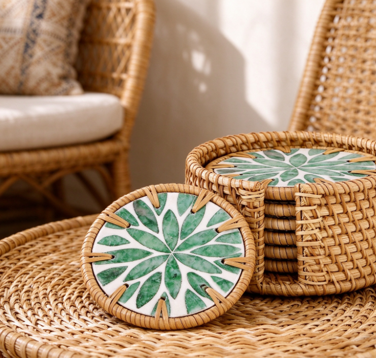 Ceramic Coaster Set with Floral/Leaf Prints and Rattan Trim (Includes Rattan Storage Basket)