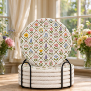 Floral-Embroidered Fabric Coaster Set (with Black Metal Holder)