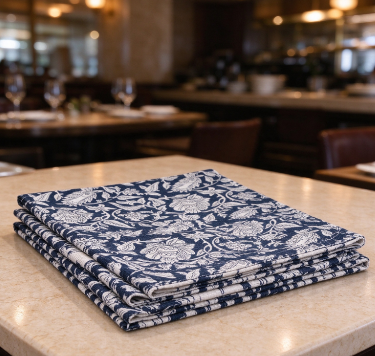 Navy Blue Floral-Print Cotton-Linen Placemat - Image 2