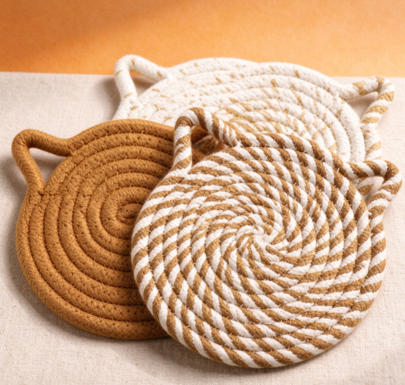 Spiral-Woven Cotton Rope Coaster Set with Handle - Image 2