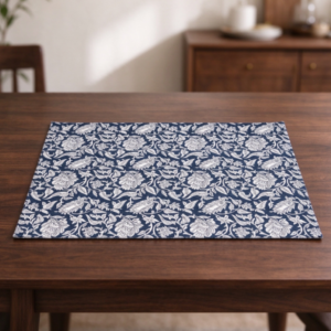 Navy Blue Floral-Print Cotton-Linen Placemat