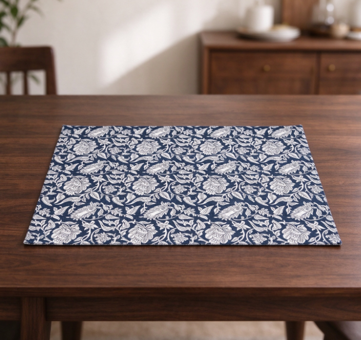 Navy Blue Floral-Print Cotton-Linen Placemat