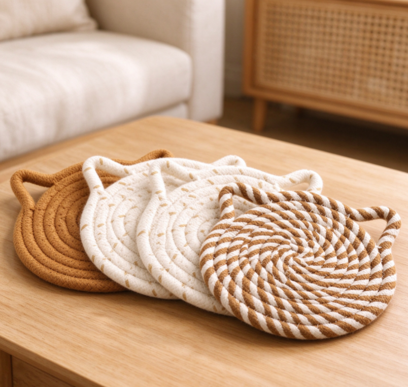 Spiral-Woven Cotton Rope Coaster Set with Handle