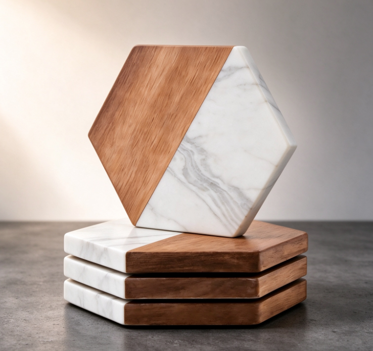 Hexagonal Wood and Stone Coaster Set – Modern Luxe Contrast Design - Image 2