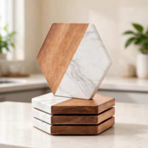 Hexagonal Wood and Stone Coaster Set – Modern Luxe Contrast Design
