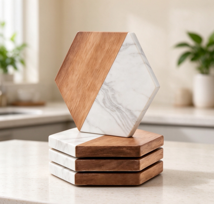Hexagonal Wood and Stone Coaster Set – Modern Luxe Contrast Design