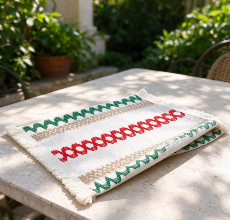 Red & Green Geometric Tasseled Cotton-Linen Placemat - Image 2
