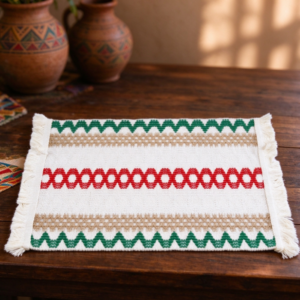 Red & Green Geometric Tasseled Cotton-Linen Placemat