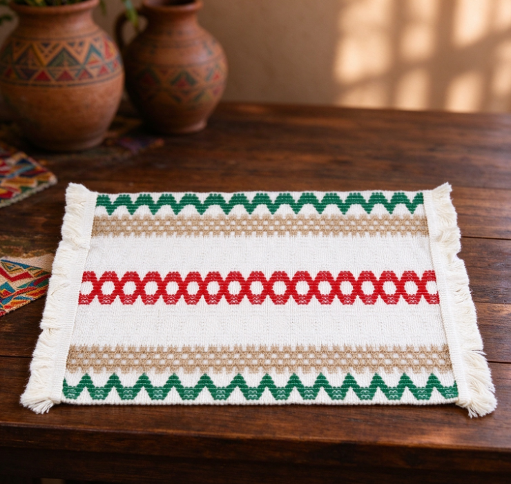 Red & Green Geometric Tasseled Cotton-Linen Placemat