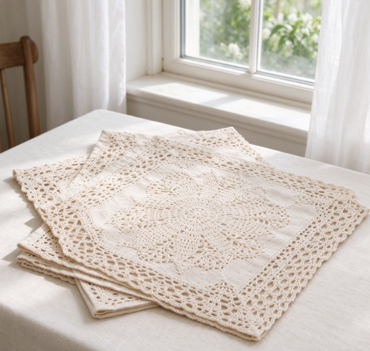 Off-White Crocheted Lace Square Placemat | Handcrafted Openwork | Home Table Decor - Image 2