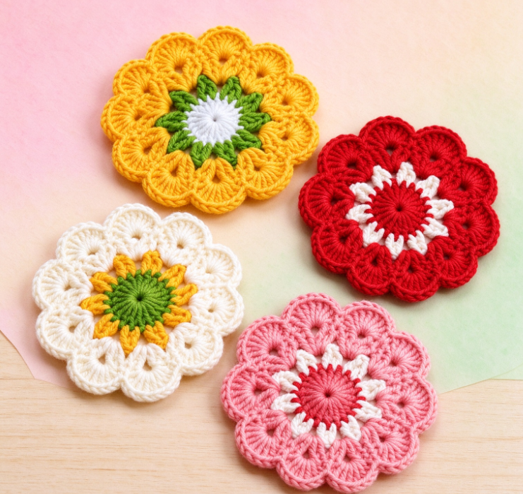 Colorful Floral-Themed Crochet Coaster Set - Image 2