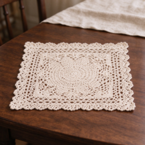 Off-White Crocheted Lace Square Placemat | Handcrafted Openwork | Home Table Decor