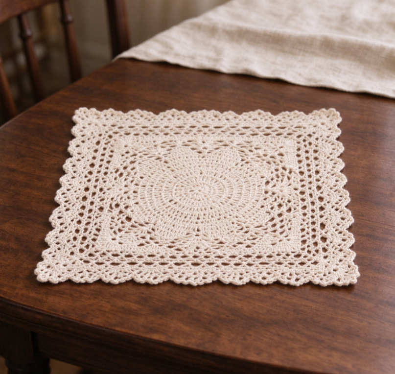 Off-White Crocheted Lace Square Placemat | Handcrafted Openwork | Home Table Decor