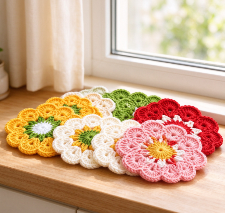Colorful Floral-Themed Crochet Coaster Set