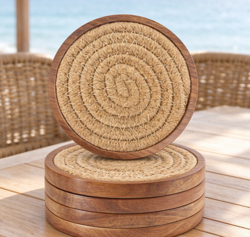 Wooden-Rimmed Jute Coaster Set - Image 2