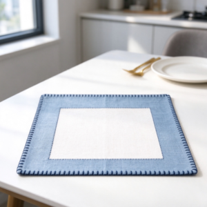 Square Cotton-Linen Placemat with Blue and White Border