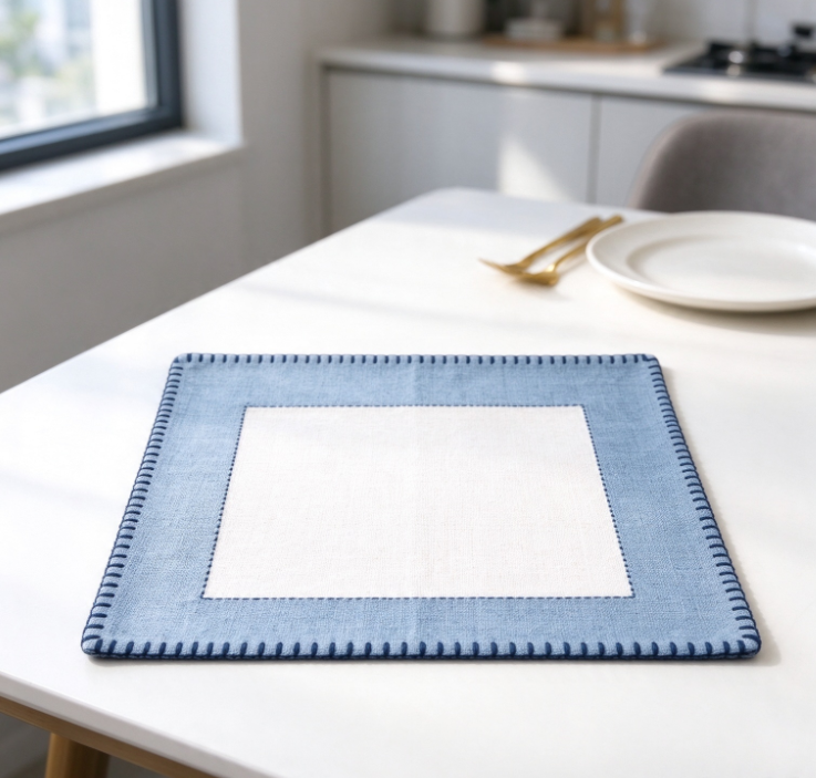 Square Cotton-Linen Placemat with Blue and White Border