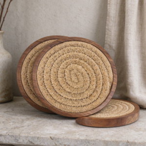 Wooden-Rimmed Jute Coaster Set
