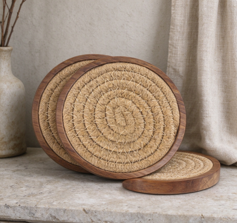 Wooden-Rimmed Jute Coaster Set