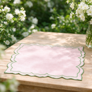 Petal-Shaped Cotton-Linen Placemat with Pink and Green Trim