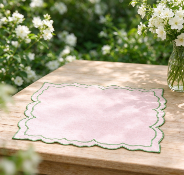 Petal-Shaped Cotton-Linen Placemat with Pink and Green Trim