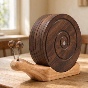 Snail-Themed Solid Wood Coaster Set with Storage Base