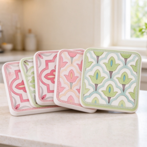Square Ceramic Coaster Set with Cork Base – Fresh Floral Patterns, Heat-Insulating & Absorbent