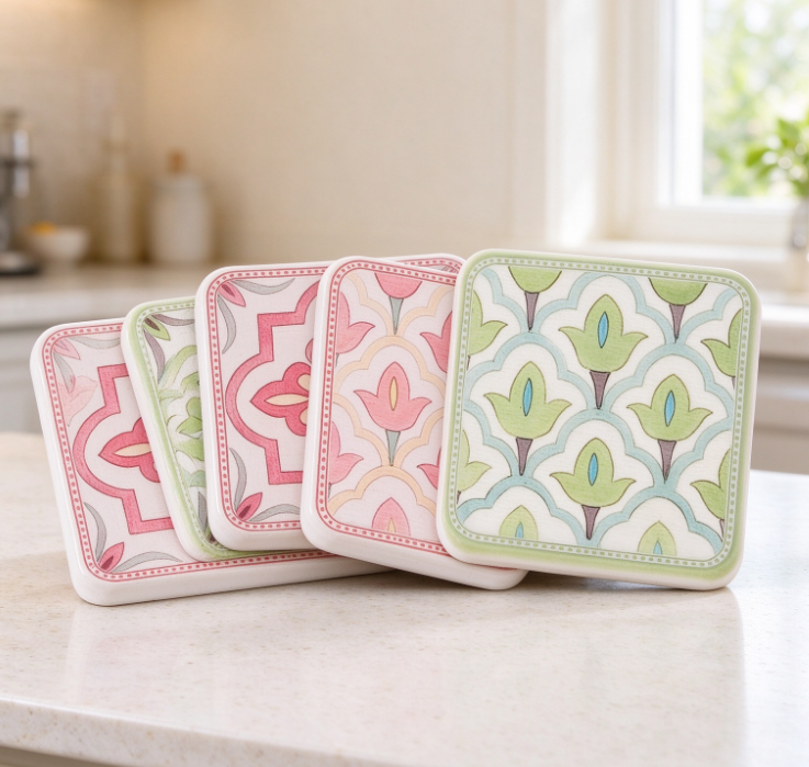 Square Ceramic Coaster Set with Cork Base – Fresh Floral Patterns, Heat-Insulating & Absorbent