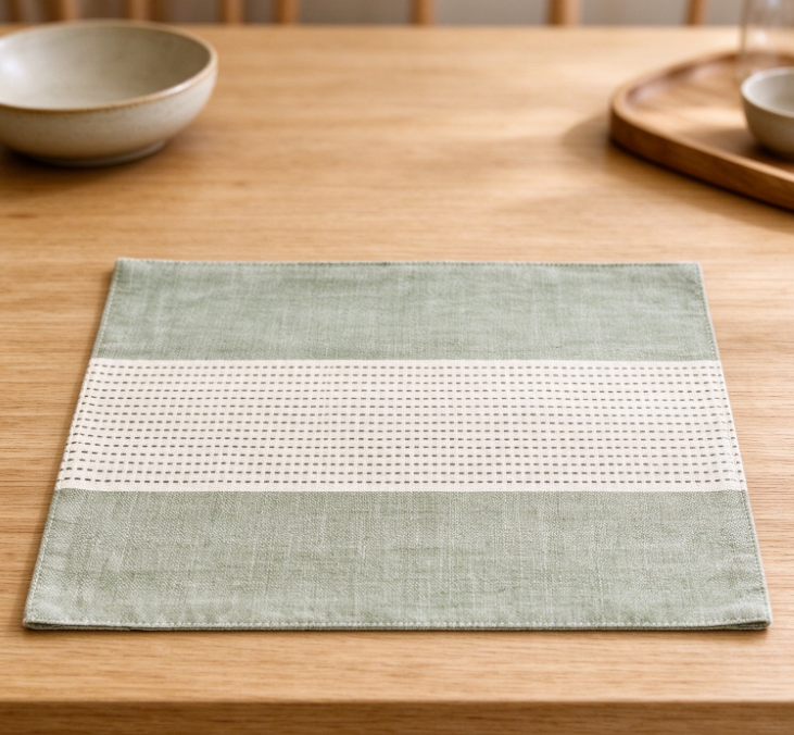 Light Green Striped Cotton-Linen Placemat - Image 2