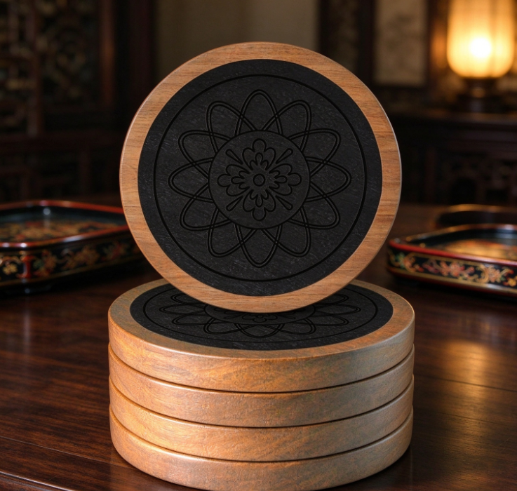 Wooden Coaster Set with Black Pattern (Round) - Image 2