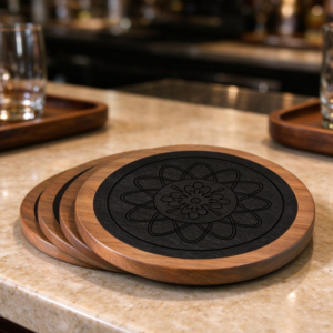 Wooden Coaster Set with Black Pattern (Round)