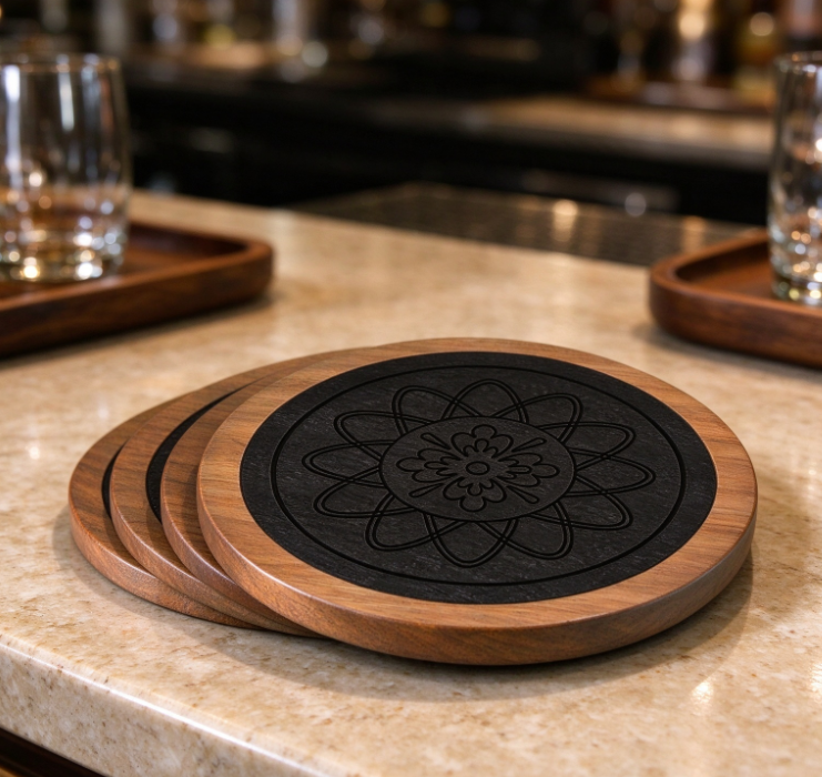 Wooden Coaster Set with Black Pattern (Round)