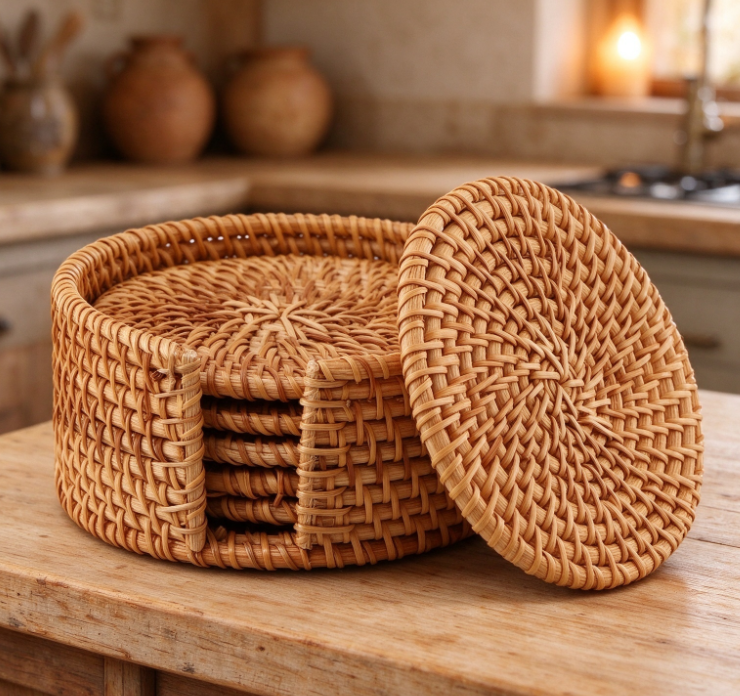 Woven Rattan Round Coaster Set - Image 2