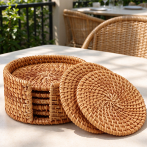 Woven Rattan Round Coaster Set
