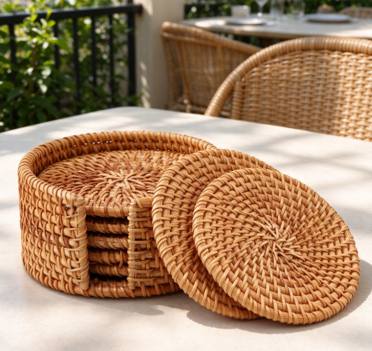 Woven Rattan Round Coaster Set